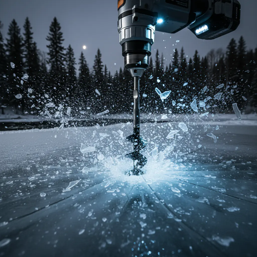 Ice shards flying as a power drill pierces the surface