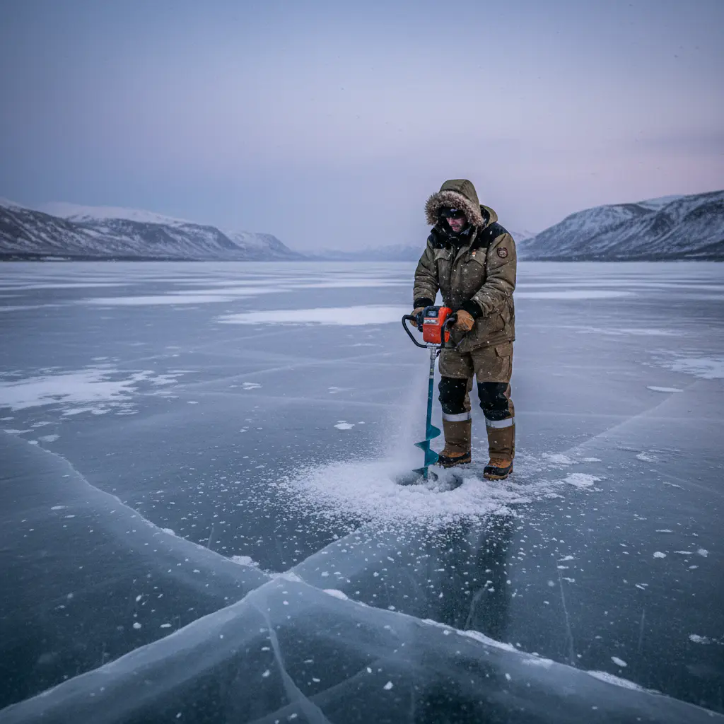 Angler operating an ice drill on a frozen lake