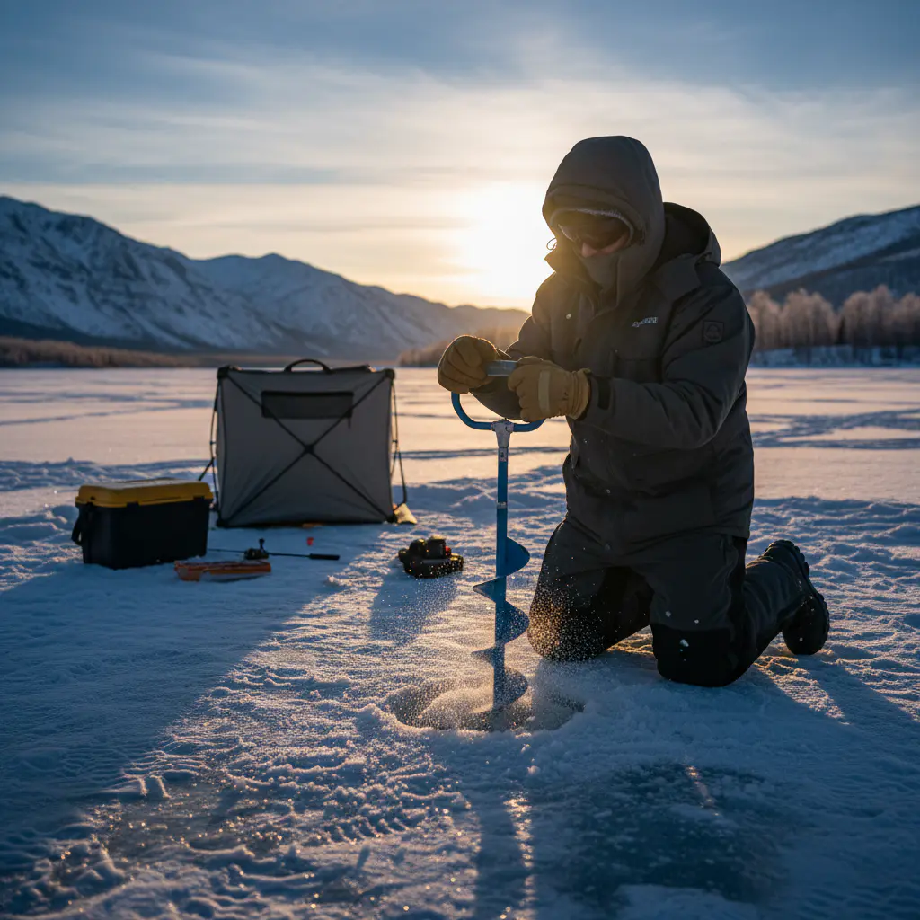 Angler using auger safely