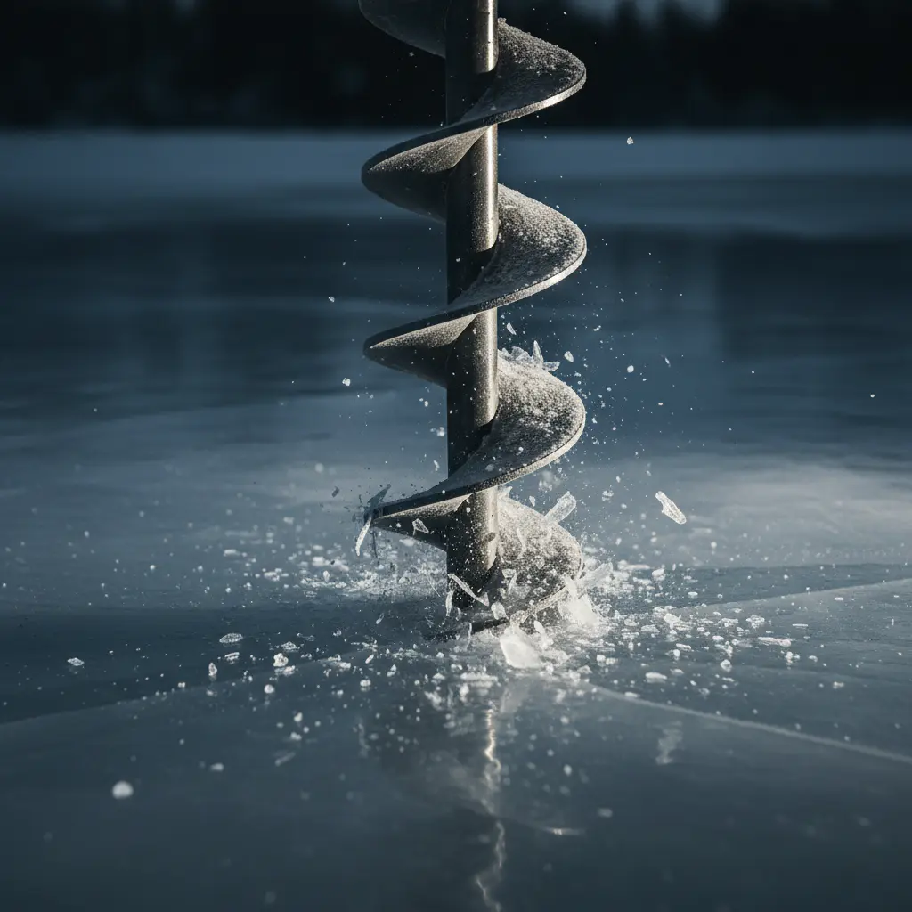 Heavy-duty metal ice drill cutting through thick clear ice